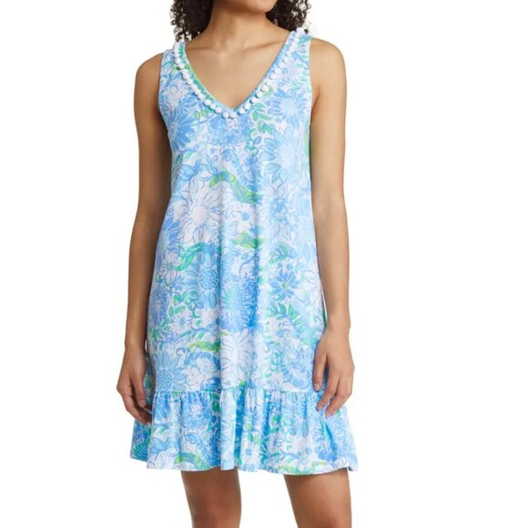 NWT Lilly Pulitzer Camilla Swing Dress Pom Pom V Neck Frenchie Blue S